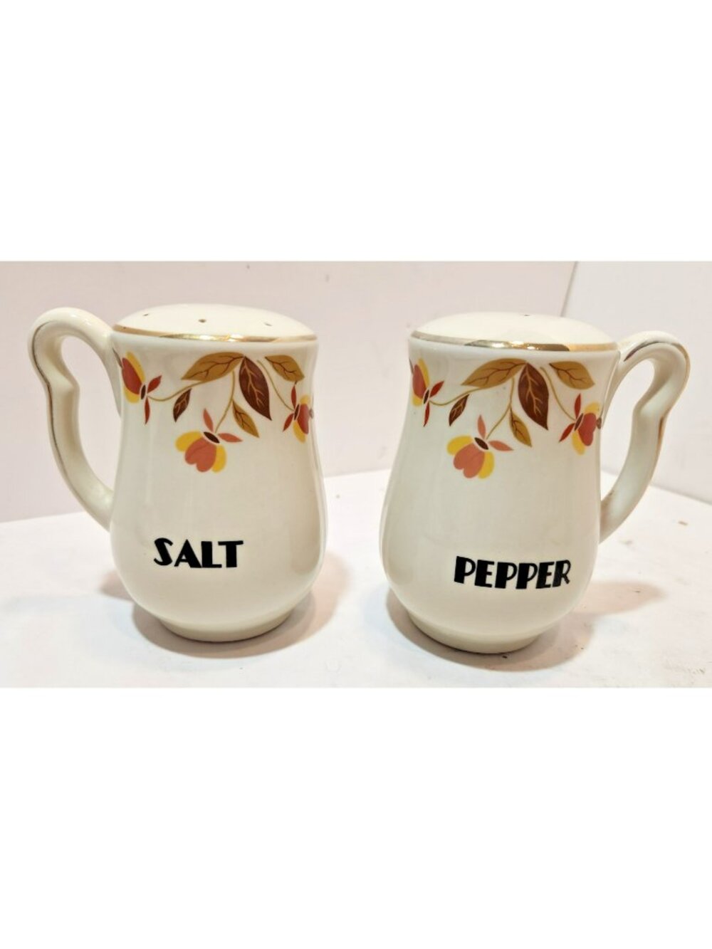 Vtg Hall Autumn Leaf Left Right Handled Salt & Pepper Range Set Mary Dunbar